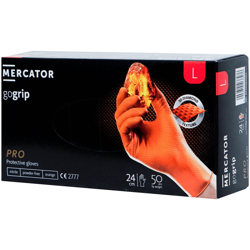 Manusi nitril texturate L 50 buc portocalii horeca mecanica aderenta ridicata GoGrip Mercator